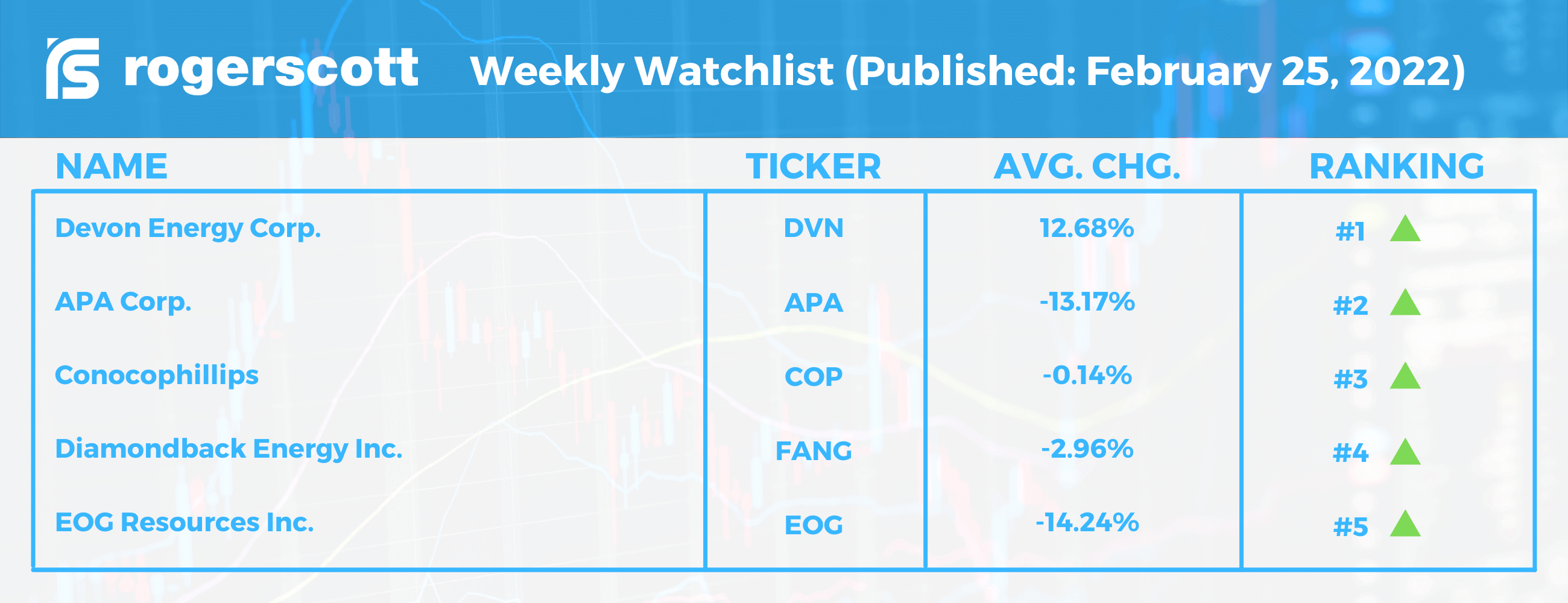 chart of top S&P 500 stocks (Roger Scott Weekly Watchlist)